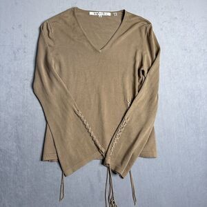 Max Studio Top Womens M Ruche Sleeve Knit Wheat Bell Sleeve Boho Flare Nylon‎